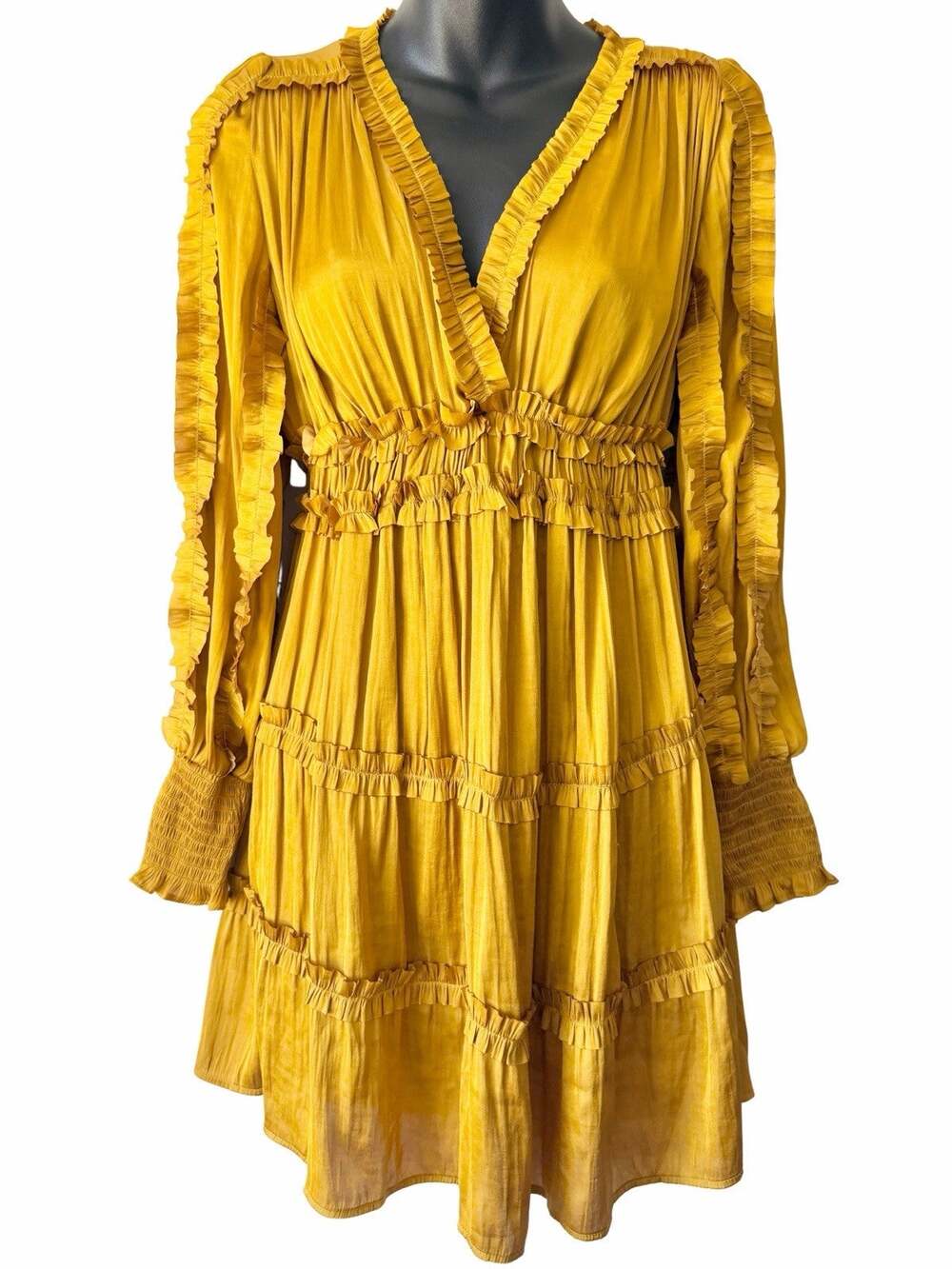 O.P.T. Yellow Tiered Ruffle Long Sleeve Dress Womens Small V Neck Satin Formal